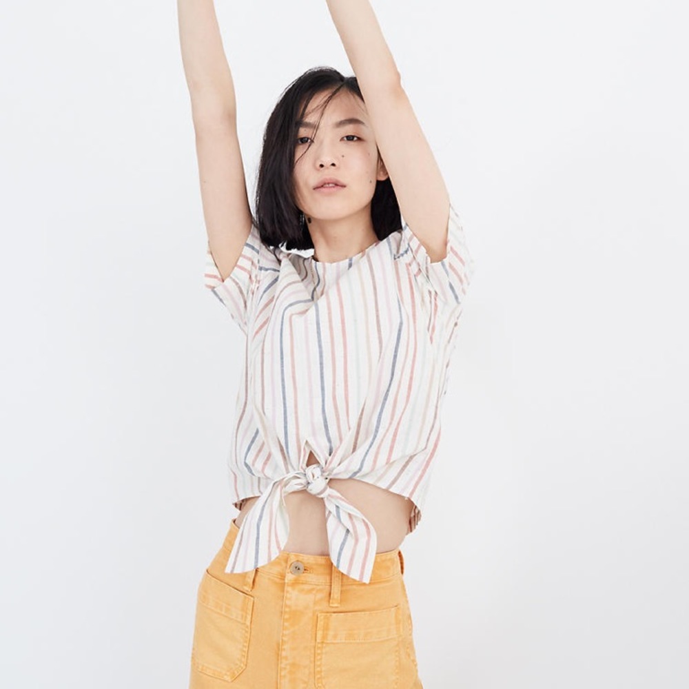 Madewell Button-Back Tie Tee in Rainbow Stripe